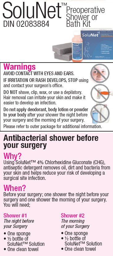 A flyer for an antiseptic shower kit used before surgery: warnings, why the showers lower the risk of infection, and when to take each of the two showers.