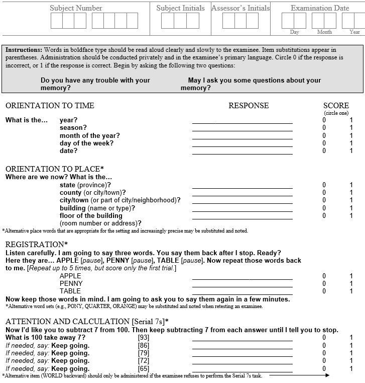 A clinician-administered cognitive screening test covering orientation to time and place, word registration, and attention and calculation.