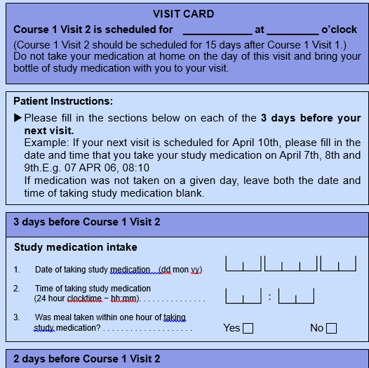 A patient visit card giving the date of the next study visit, instructions for the three days before it, and boxes for recording the date and time of each dose of study medication.