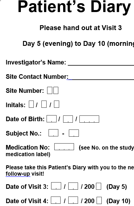 The cover page of a patient's diary, with fields for the investigator, site, subject and medication numbers and the visit dates.