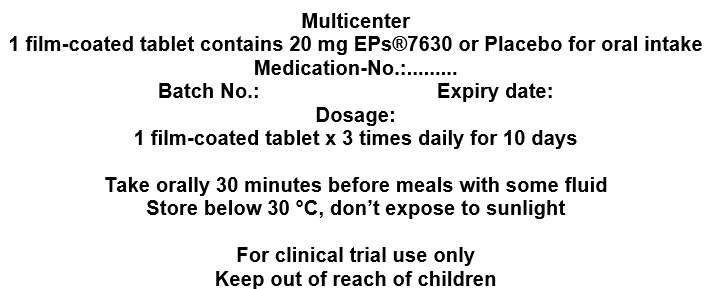A clinical trial medication label giving the tablet contents, dosage, storage instructions and "For clinical trial use only".