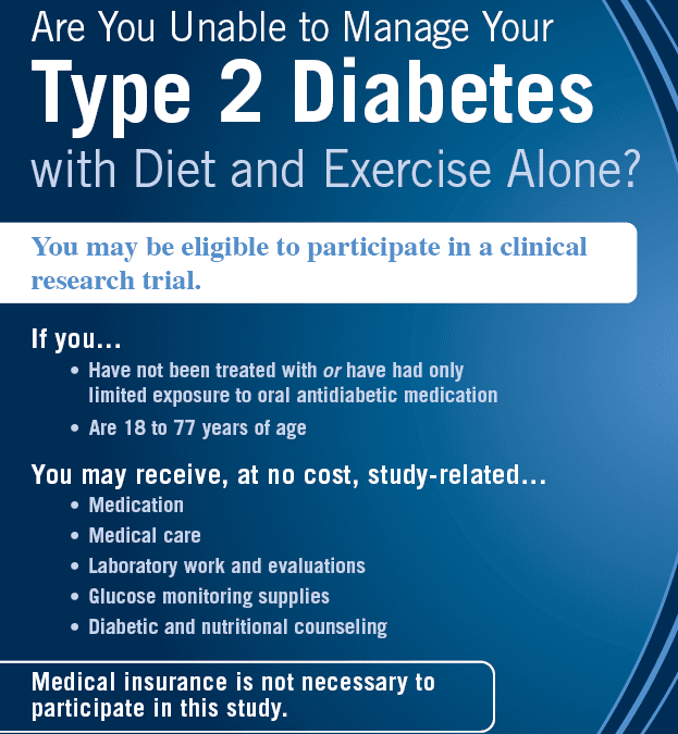 A recruitment flyer for a type 2 diabetes clinical research trial, listing who may be eligible and the study-related care provided at no cost.