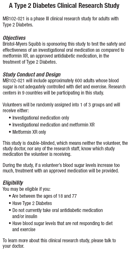 A one-page summary of a phase III type 2 diabetes study: its objectives, design, three treatment groups and eligibility criteria.