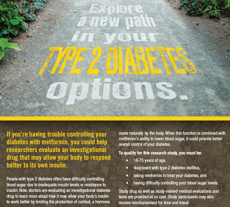 A brochure inviting people whose type 2 diabetes is not controlled by metformin to take part in a study, with the eligibility criteria.
