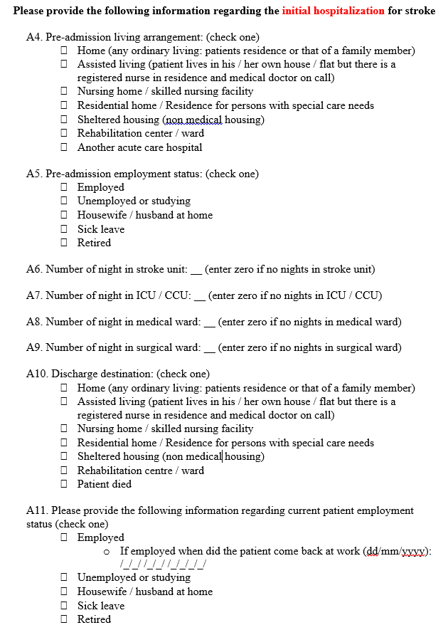 Questionnaire items on a patient's first hospital stay for stroke: living arrangement and employment before admission, nights spent in each ward, and discharge destination.