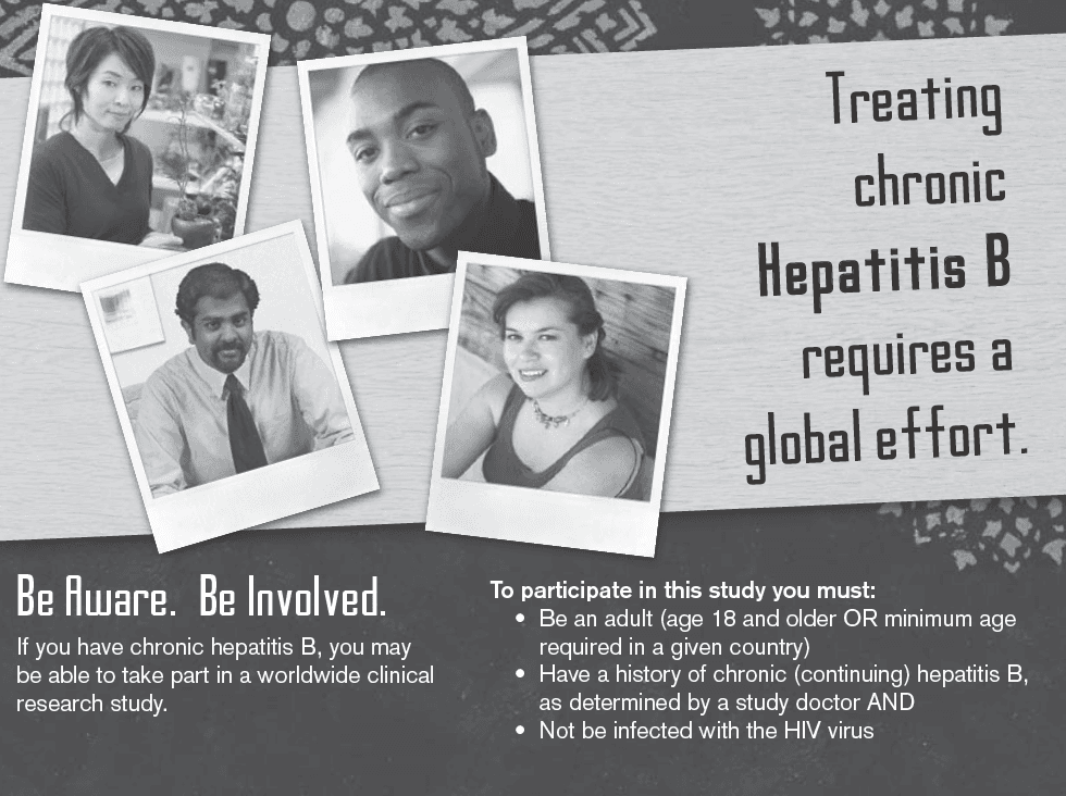 A recruitment brochure for a worldwide chronic hepatitis B study, with the criteria for taking part.