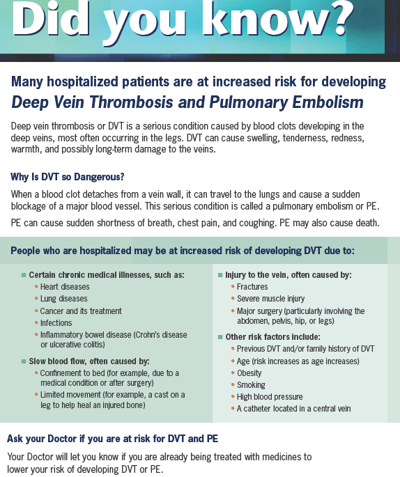A patient brochure on deep vein thrombosis and pulmonary embolism in hospitalised patients, and the risk factors for both.