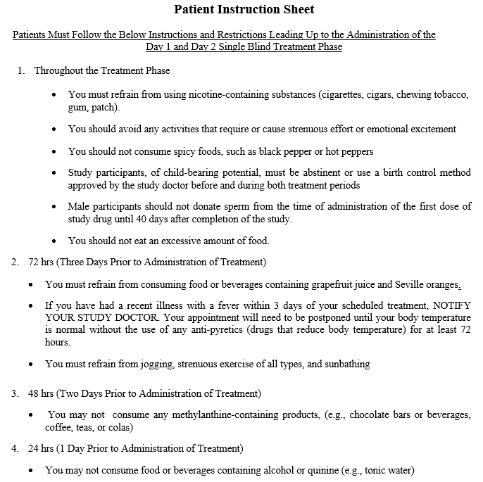 A patient instruction sheet listing restrictions during the treatment phase and in the three days before treatment.