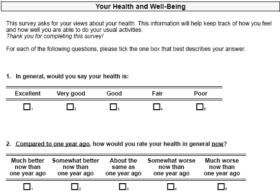 The opening questions of a general health and well-being survey, rated from excellent to poor.