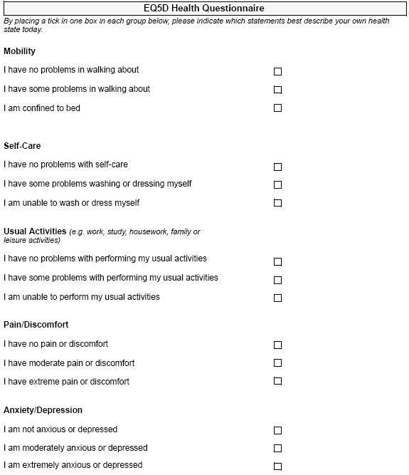 A five-part health-state questionnaire covering mobility, self-care, usual activities, pain or discomfort, and anxiety or depression.